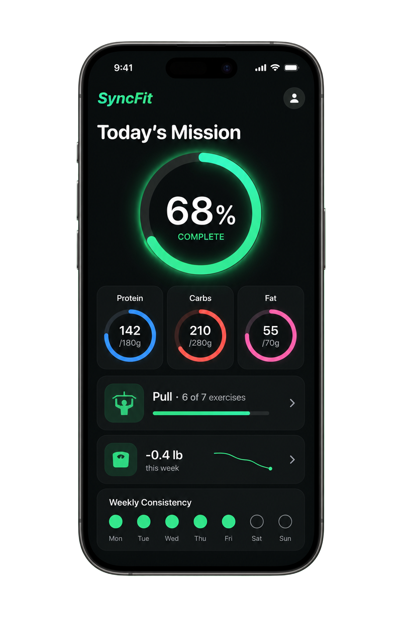 SyncFit Today's Mission home dashboard