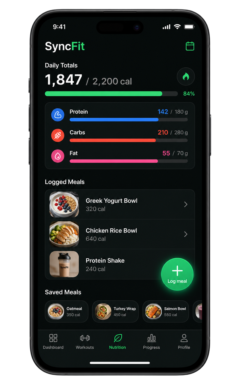 SyncFit Nutrition tab with daily macros and logged meals