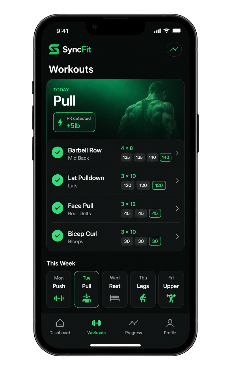 SyncFit Workouts tab with today's Pull session